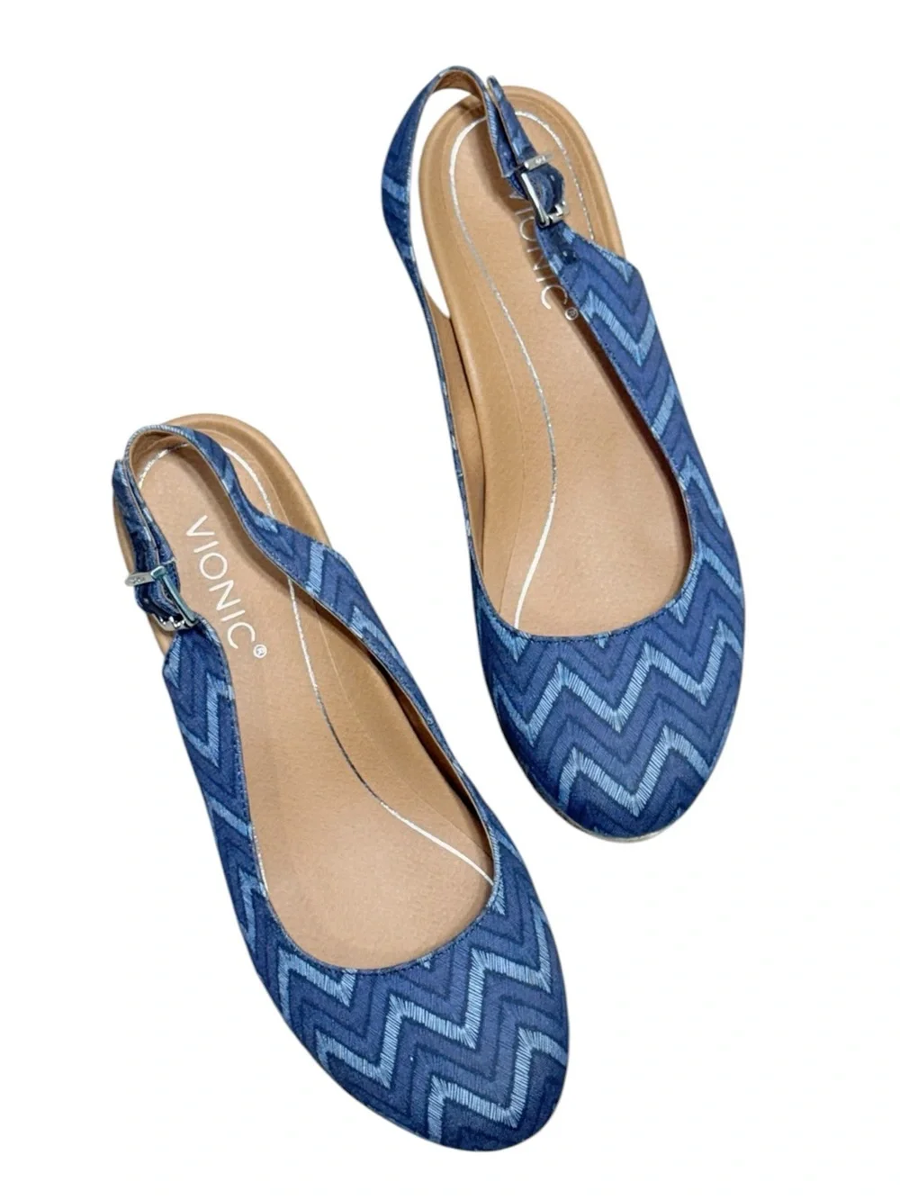 Vionic Coralina Slingback Espadrille Wedge Shoes Navy Blue Chevron Women Size 10
